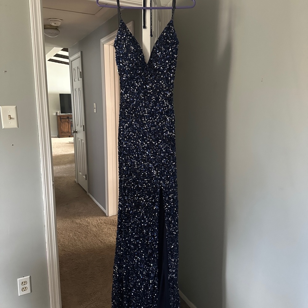 Women's Navy Sequin Evening Gown with V-Neck